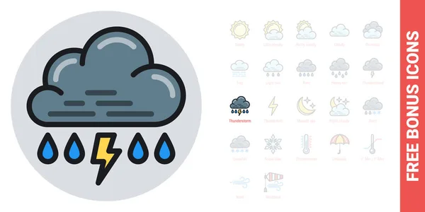 Rain with thunder or thunderstorm icon for weather forecast application or widget. Cloud with raindrops and lightning bolt. Simple color version. Free bonus icons kit included