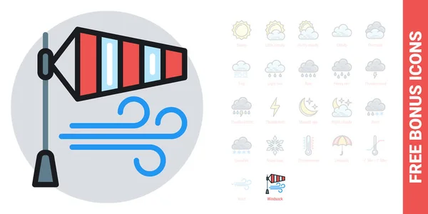 Windsack oder Windgeschwindigkeits-Flaggen-Symbol für Wettervorhersage-Anwendung oder Widget. Einfache Farbversion. Kostenlose Bonussymbole enthalten — Stockvektor
