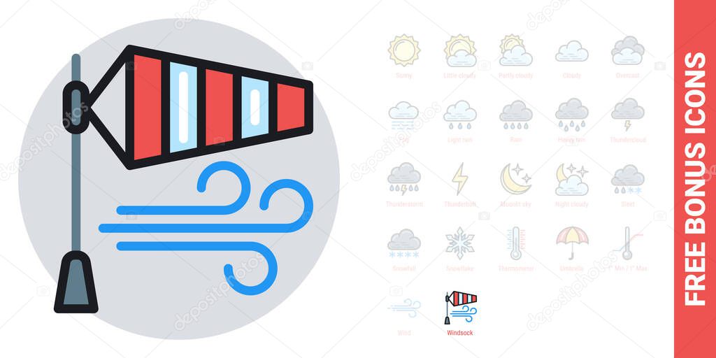 Windsock or wind speed flag icon for weather forecast application or widget. Simple color version. Free bonus icons kit included