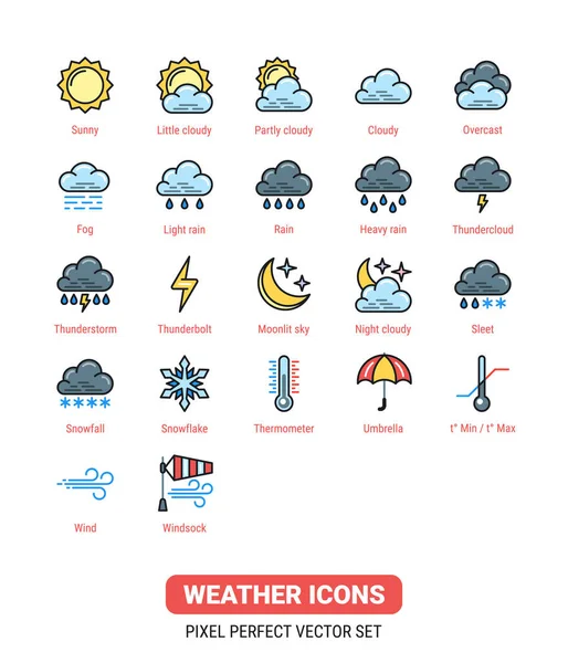 Kit de ícones meteorológicos. Conjunto de ícones para aplicação, widget ou site para previsão do tempo. Versão a cores dos ícones no fundo branco . — Vetor de Stock