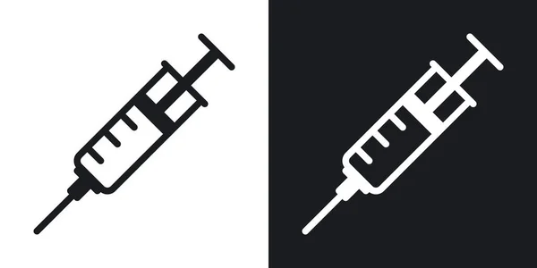 Şırınga, tıbbi enjeksiyon ya da aşı konsepti ikonu. Siyah ve beyaz arkaplan üzerine basit iki tonluk vektör çizimi — Stok Vektör