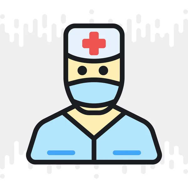 Ícone médico. Homem de máscara médica, vestido médico e chapéu de médico. Versão de cor simples no fundo cinza claro —  Vetores de Stock