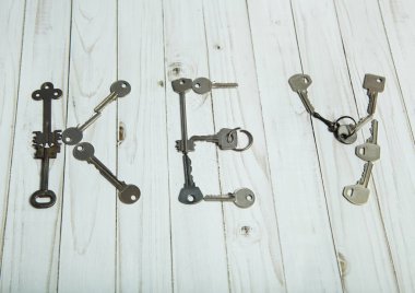 Word anahtarı eski çelik anahtarlar beyaz bir yüzeye dışarı atılır.