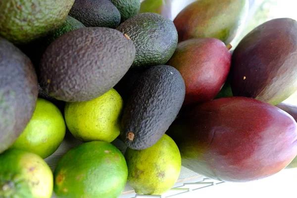 Avokado, mango ve kireç ile beyaz masa üzerinde duran meyve sepeti dolu