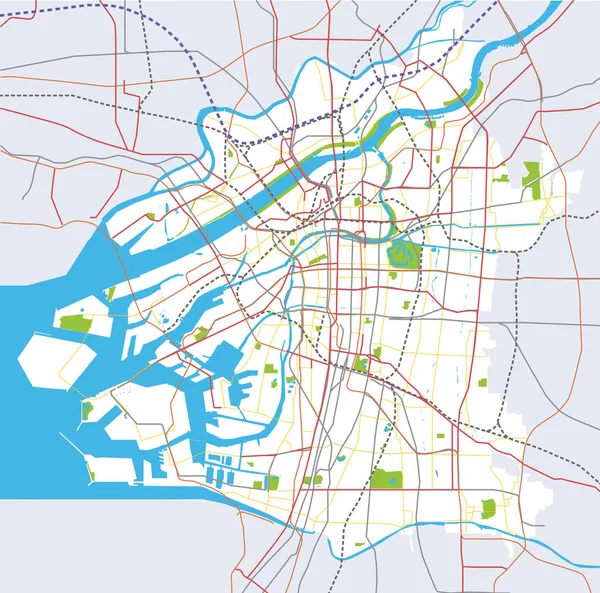 Estradas Osaka Japão Mapa Vetorial Transportes Públicos — Vetor de Stock