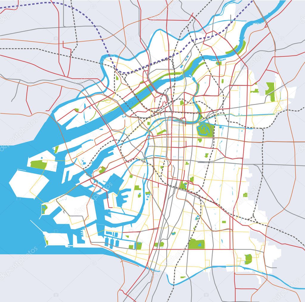 Osaka (Japan) roads and public transport vector map
