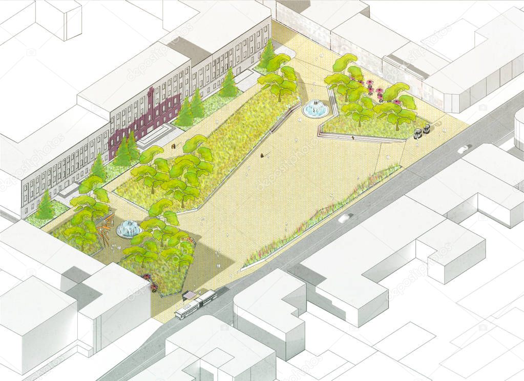 An illustration of an urban public space concept architectural design of a square in a city center