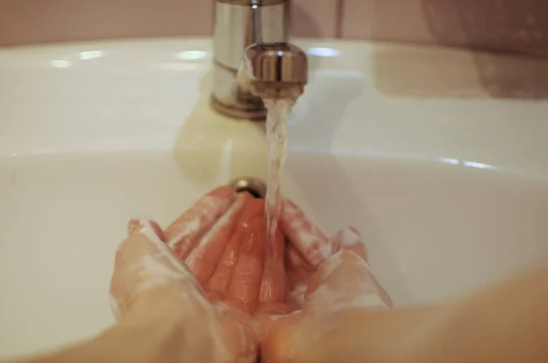 Washing Hands Bathroom Preventing Coronavirus Disease Sanitazing Hands Soap — Stock Photo, Image