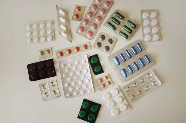 Scattered Packages Many Pills Table Lot Colorful Different Pills Including — Stock Photo, Image