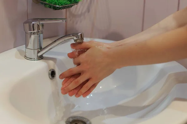 Girl Cares Her Health Washing Hands Soap Washroom — Stock Photo, Image