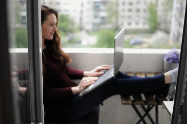 Girl Freelancer Working Laptop Balcony Corona Virus Quarantine Work Home — Stock Photo, Image