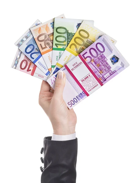 Business Woman Hand Black Office Suit Packages Euro Banknotes Fantail — Stock Photo, Image