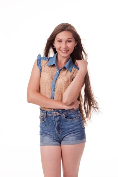 Красивая Молодая Девушка Длинными Волосами Проявляет Разные Эмоции Фотография Белом — стоковое фото
