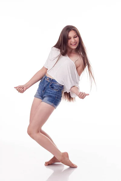 Krásná Dívka Bílé Tričko Šortky Tančí Pozitivně Pózuje Před Kamerou — Stock fotografie