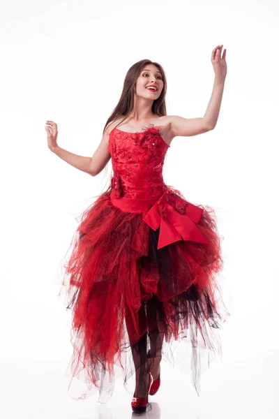 Charismatická Dívka Červených Šatech Tance Ukazuje Různé Emoce Pózy Představuje — Stock fotografie