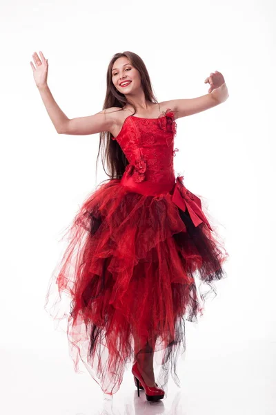 Charyzmatyczny Dziewczynka Czerwonej Sukience Tańce Pokazuje Różne Emocje Pozach Stawia — Zdjęcie stockowe