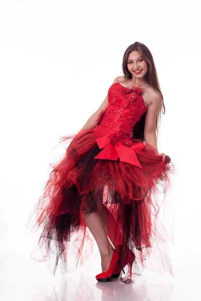 Charismatická Dívka Červených Šatech Tance Ukazuje Různé Emoce Pózy Představuje — Stock fotografie