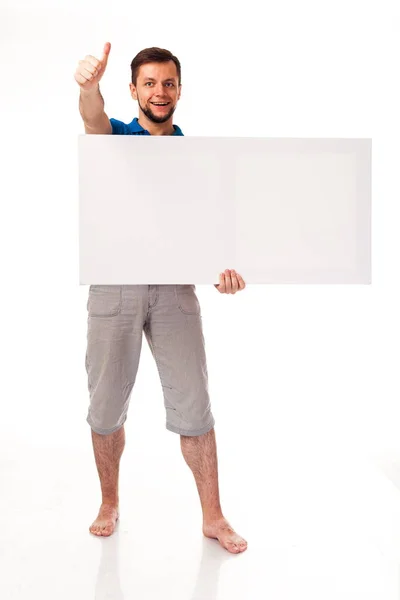 Guy Beard Posing White Sign Can Used Place Advertising Logo — Stock Photo, Image