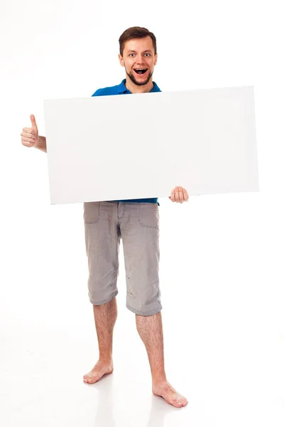 Guy Beard Posing White Sign Can Used Place Advertising Logo — Stock Photo, Image