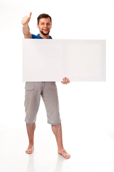 Guy Beard Posing White Sign Can Used Place Advertising Logo Stock Picture