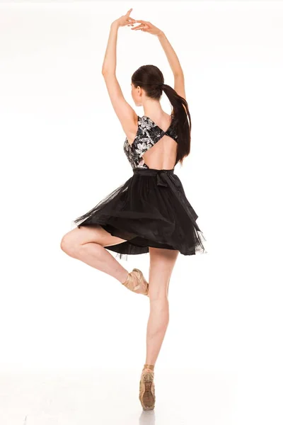 Bela Bailarina Jovem Isolado Fundo Branco Pointes Tutu Balé Preto — Fotografia de Stock