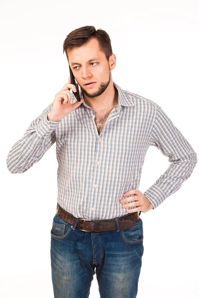 Barbudo Está Falar Telefone Posando Com Emoções Diferentes Simulação Conversa — Fotografia de Stock
