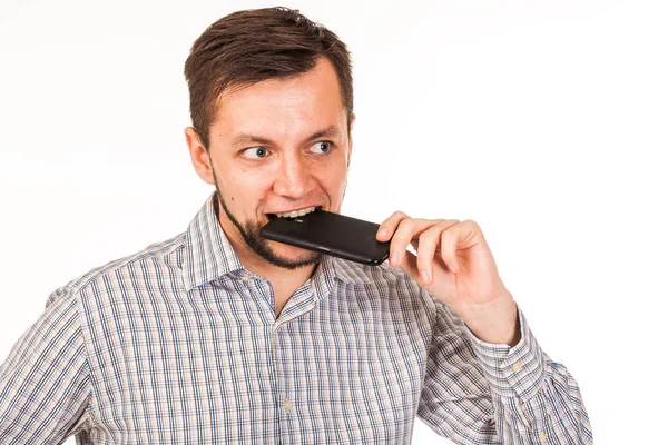 Bearded Man Talking Phone Posing Different Emotions Simulation Conversation Isolated — Stock Photo, Image