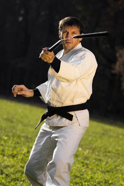 Mestre kungfu com nunchaku — Fotografia de Stock