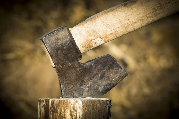在木材中的旧用的斧子 — 图库照片
