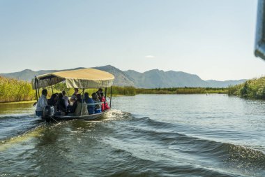 Neretva, Hırvatistan, 30 Eylül 2017: tekne safari neretva Nehri Deltası, mandalina ağacı ve portakal ağacı arasında üzerinde turist ile. geleneksel müzik ve gösteri yapma şarkıcı.