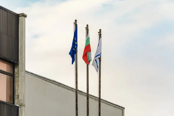 The bulgaria flag , varna flag and european flag in front of the — Stock Photo, Image