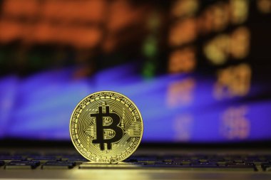 Bitcoin klavye arka plan bulanık grafik ile karşı.