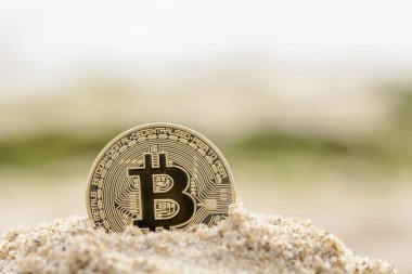 Sahilde Bitcoin madalyonun yakın çekim.