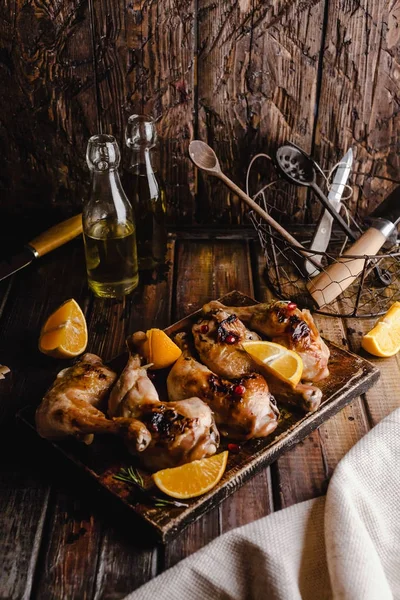 Tasty Grilled Chicken Legs Slices Orange Stock Photo