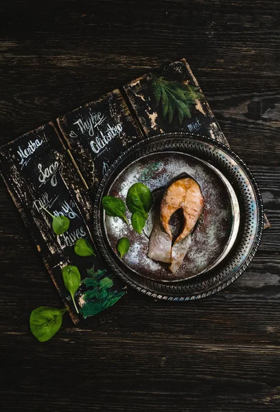 Top View Delicious Cooked Fish Herbs Rustic Wooden Table — Stock Photo, Image