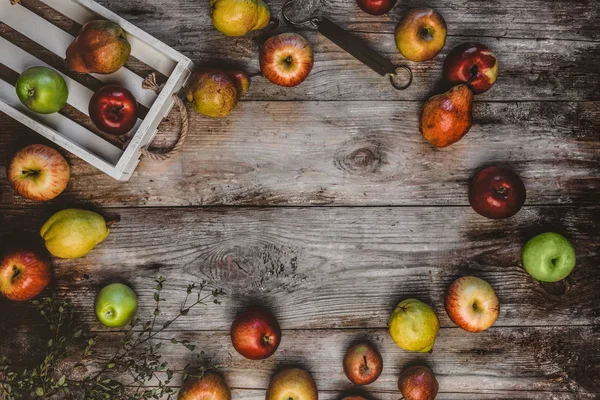 Top View Wooden Box Hand Scales Apples Pears Rustic Table — Stock Photo, Image