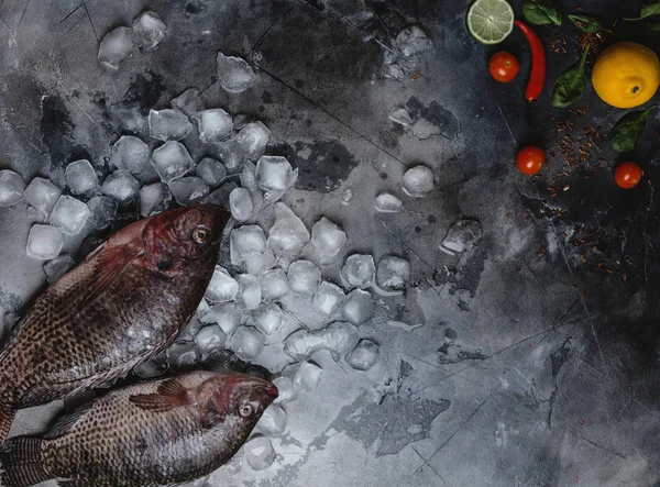 Top view of fresh raw sea fish on ice cubes with lime, lemon, spices and cherry tomatoes on grey — Stock Photo