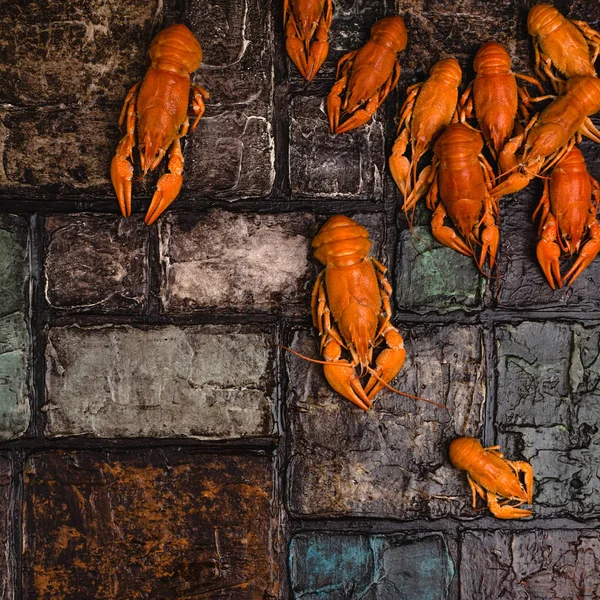 Vue de dessus des homards gastronomiques sur la surface du mur de briques — Photo de stock