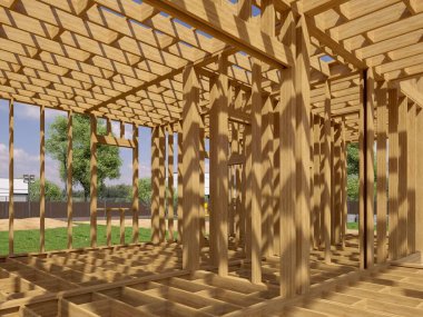 İnşaat halindeki bir binanın 3 boyutlu görüntüsü. Ayrıntılı inşaat konsepti. Çerçeve evinin 3d illüstrasyonu. 