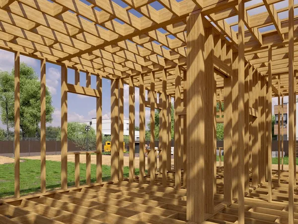 建設中のフレームの建物の3D画像 建設の詳細な概念 フレームハウスの3Dイラスト — ストック写真