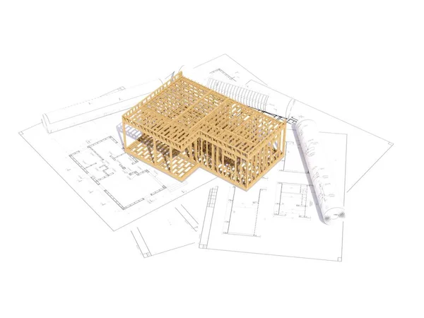 Üç boyutlu bir çerçeve oluşturma konsepti. Ev projesiyle birlikte detaylı inşaat konsepti. Modern çerçeve konseptinin 3D çizimi. 