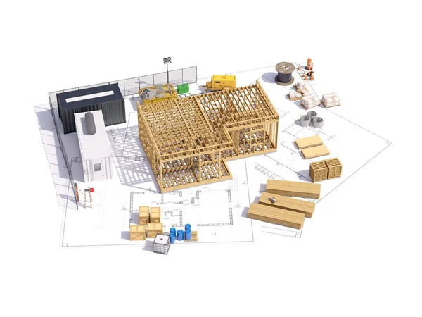 Rendering Eines Rahmenbaukonzeptes Detailliertes Baukonzept Mit Hausprojekt Illustration Des Modernen — Stockfoto