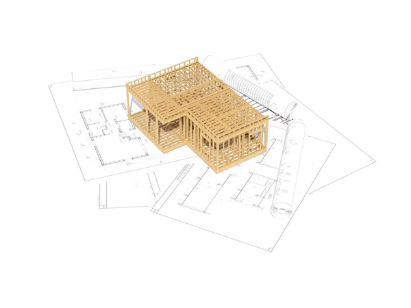 フレーム構築コンセプトの3Dレンダリング 住宅プロジェクトと建設の詳細な概念 現代のフレームハウスコンセプトの3Dイラスト — ストック写真