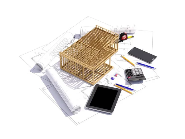 Återgivning Ett Rambyggnadskoncept Detaljerat Byggkoncept Med Husprojekt Illustration Modern Ram Stockbild