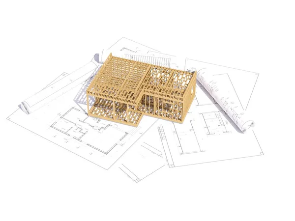 Üç boyutlu bir çerçeve oluşturma konsepti. Ev projesiyle birlikte detaylı inşaat konsepti. Modern çerçeve konseptinin 3D çizimi. 