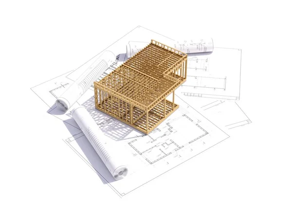 Återgivning Ett Rambyggnadskoncept Detaljerat Byggkoncept Med Husprojekt Illustration Modern Ram Stockfoto