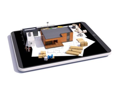 Modern bir binanın 3 boyutlu görüntüsü. İnşaat projeleri ve inşaat malzemeleriyle ilgili ayrıntılı kavram. Modern evin 3 boyutlu çizimi. Modern ev projesi kavramı.