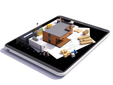 Modern bir binanın 3 boyutlu görüntüsü. İnşaat projeleri ve inşaat malzemeleriyle ilgili ayrıntılı kavram. Modern evin 3 boyutlu çizimi. Modern ev projesi kavramı.