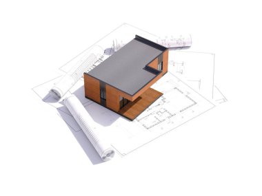 Yapım aşamasındaki modern bir binanın 3 boyutlu görüntüsü. İnşaat projeleri ve inşaat malzemeleriyle ilgili ayrıntılı kavram. Modern evin 3 boyutlu çizimi. Modern ev projesi kavramı.