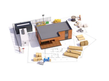 Modern bir binanın 3 boyutlu görüntüsü. İnşaat projeleri ve inşaat malzemeleriyle ilgili ayrıntılı kavram. Modern evin 3D çizimi.